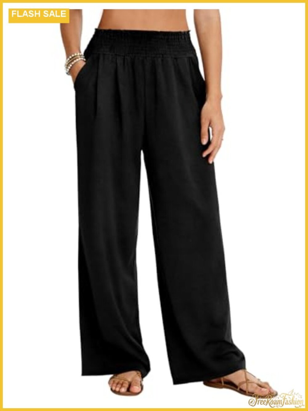 Womens Wide Leg Flow Pants Casual Boho High Waisted Trousers with Pockets Beach